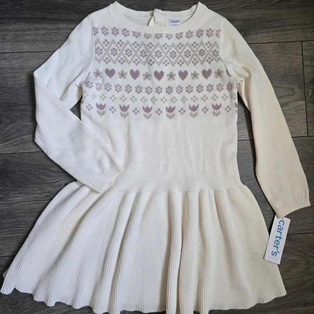 Carters 5T Toddler Girl Fair Isle Sweater Dress Ivory Cream Knit Skater Pleated